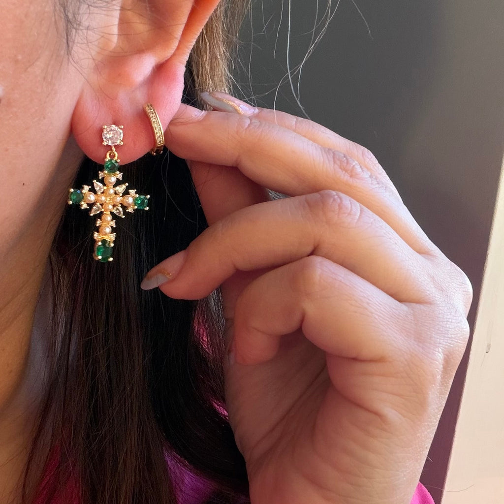 Cross green Earring